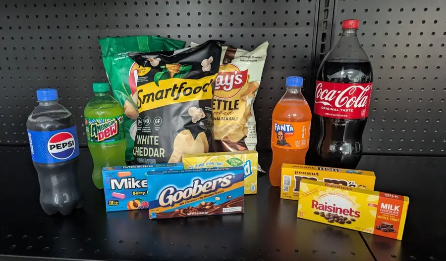 Chips, candy, and pop on the shelf